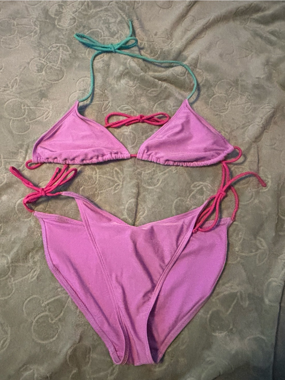 No Boundaries Pink Triangle String Bikini with Teal Ties